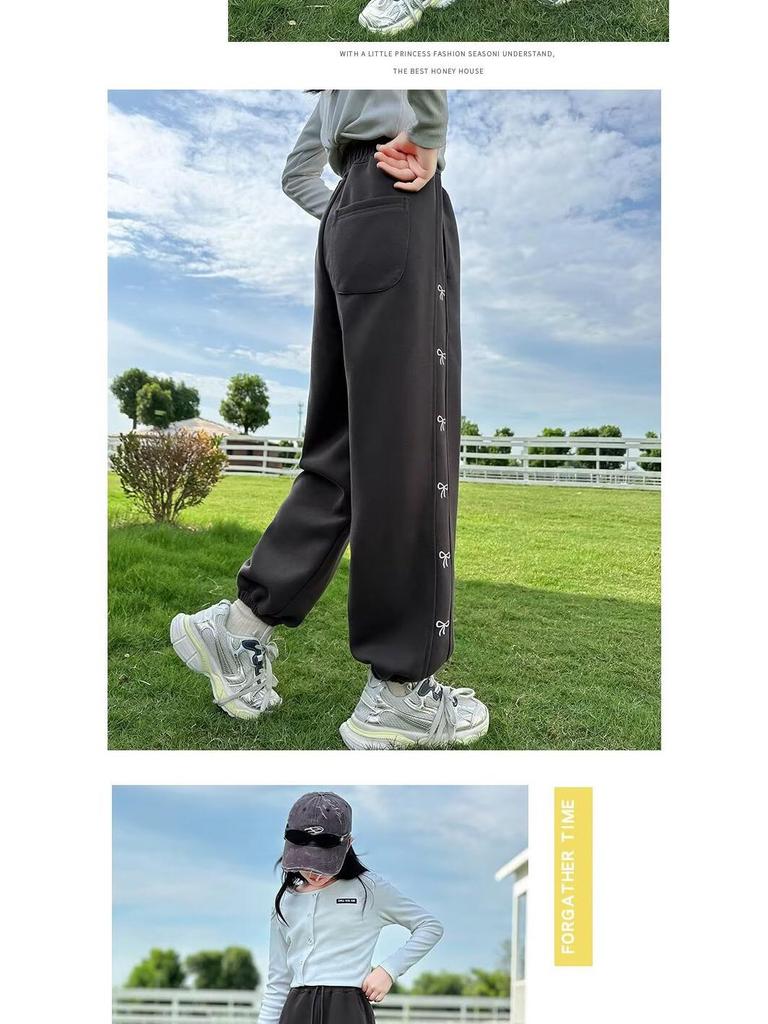Girls' Fleece-Lined Sweatpants: Cozy Autumn/Winter Style, Thick and Versatile for Medium to Large Kids.