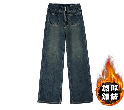Retro blue straight-leg jeans for women, new high-waisted, large-size loose and thin pear-shaped wide-leg straight-leg pants.