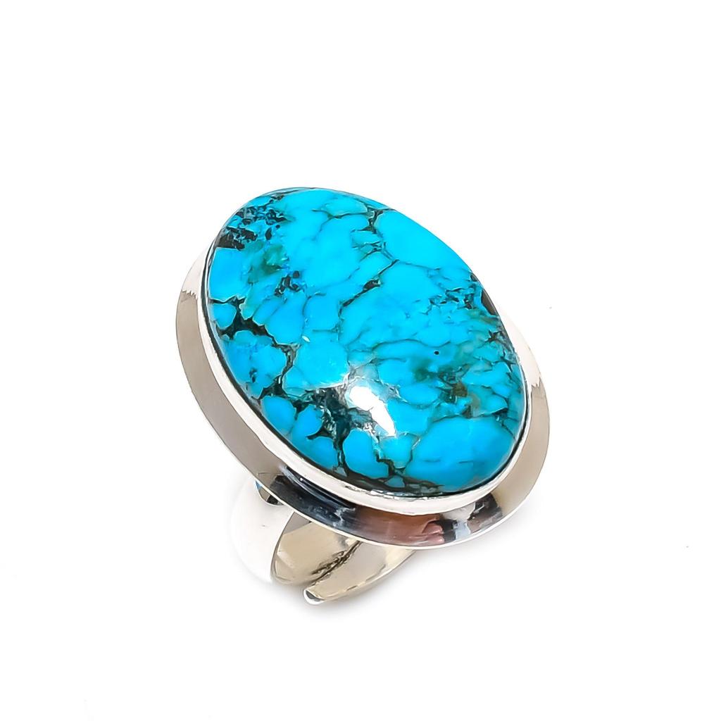Natural Tibetan Turquoise Adjustable 925 Sterling Silver Ring - Fits US Sizes 6 To 11 - Handmade Boho Jewelry for Women & Men, Wadding Gifts