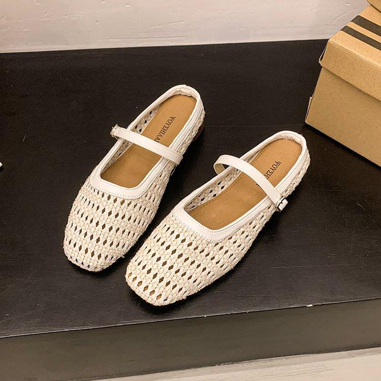 

Ballet vacation~ square head woven thick heel bag head Mary Jane slippers women s half slippers summer soft and comfortable sandals 40