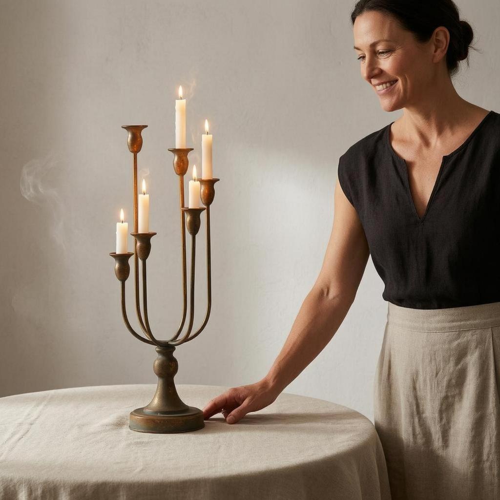 6 Arm Candelabra Worn Finish Tabletop Bronze Toned Iron Candle Stand