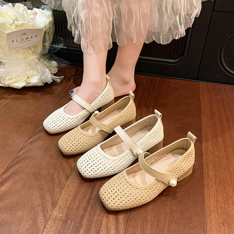 Spring/Summer New Style Fashionable Women's One Word Buckle Mary Janes Round Head Flat Women's Mesh Ballet Shoes Zapatos Mujer