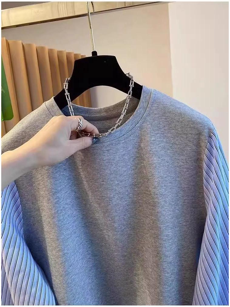 Damen Übergröße Gestreiftes Zwei-in-Eins Sweatshirt - Schlankmachendes Langarm-Oberteil für den frühen Herbst 2025