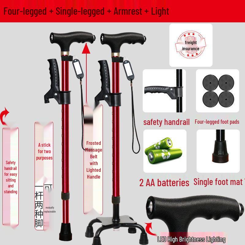 Four-Legged Aluminum Walking Cane with Light, Non-slip, Telescopic, Lightweight, Multi-functional Support for the Elderly