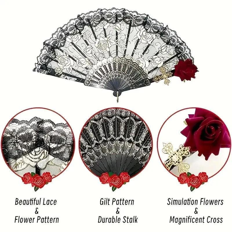Vintage Spanische Flamenco Rose Spitze Handfächer Elegant Schwarz Faltbar Party Hochzeit Fächer 1 Stück/2 Stück Option für Besondere Anlässe