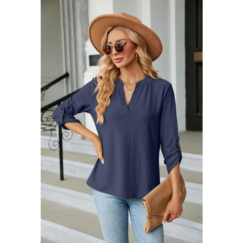Damen Unifarben V-Ausschnitt Dreiviertelarm Locker Lässig T-Shirt Top