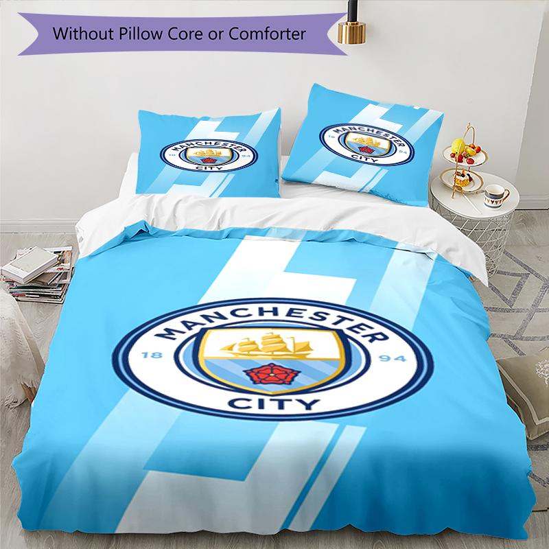 3pcs Manchester City Bedding Set Duvet Cover Closure Includes 1 Duvet Cover & 2 Pillowcases, Soft and Comfortable for All Seasons.
