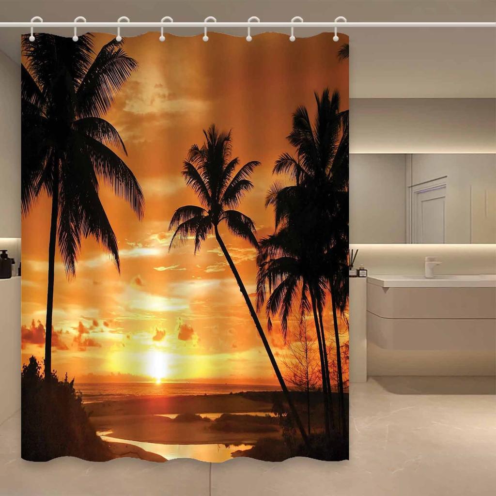 1Pc Sunset Beach Palm Tree Shower Curtain, Elegant Polyester Bath Curtain With Tropical Beach Scene, Machine Washable, Decorativ