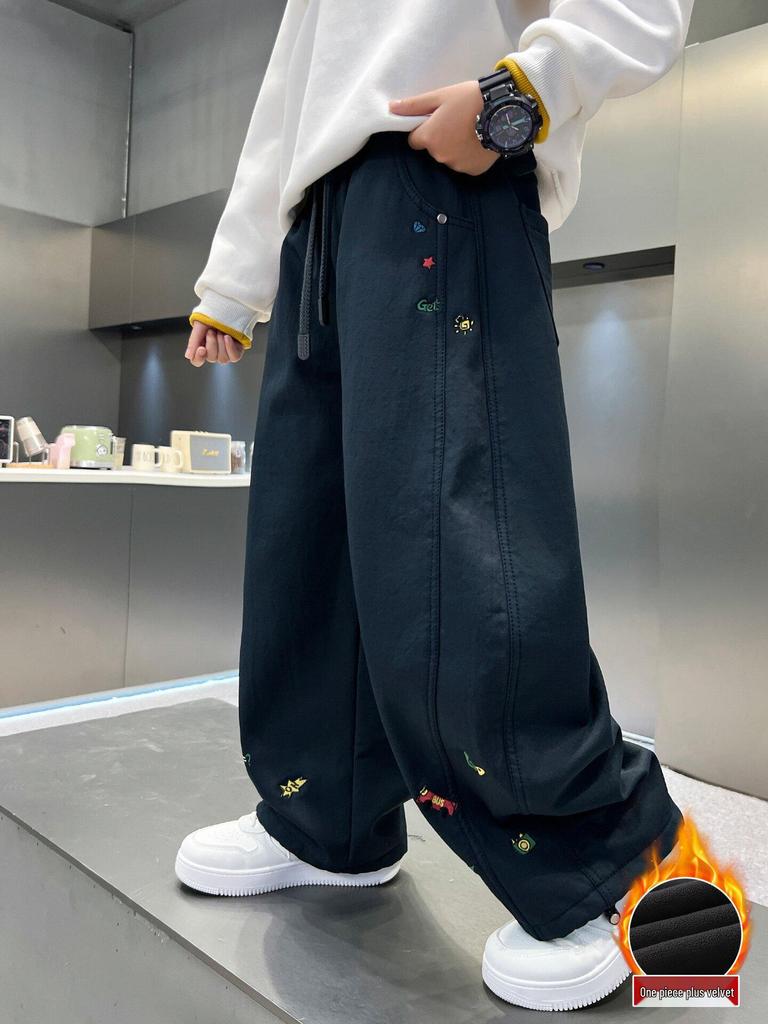 Boys' Fleece-Lined Warm Casual Pants - Thick, Versatile, Loose Fit for Autumn & Winter