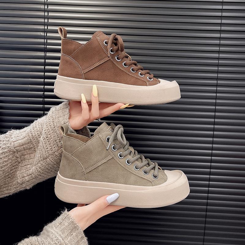 Fashion Women's Lace-Up High-Top Shoes Autumn Winter New Style Retro Platform Soft-Sole Mid-Heel Ankle Boots