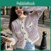 Korean Rainbow Autumn Vintage Loose Striped Knitted Cardigan Sweater Women Classic Tide Mixed Color Single Breasted Pockets Tops