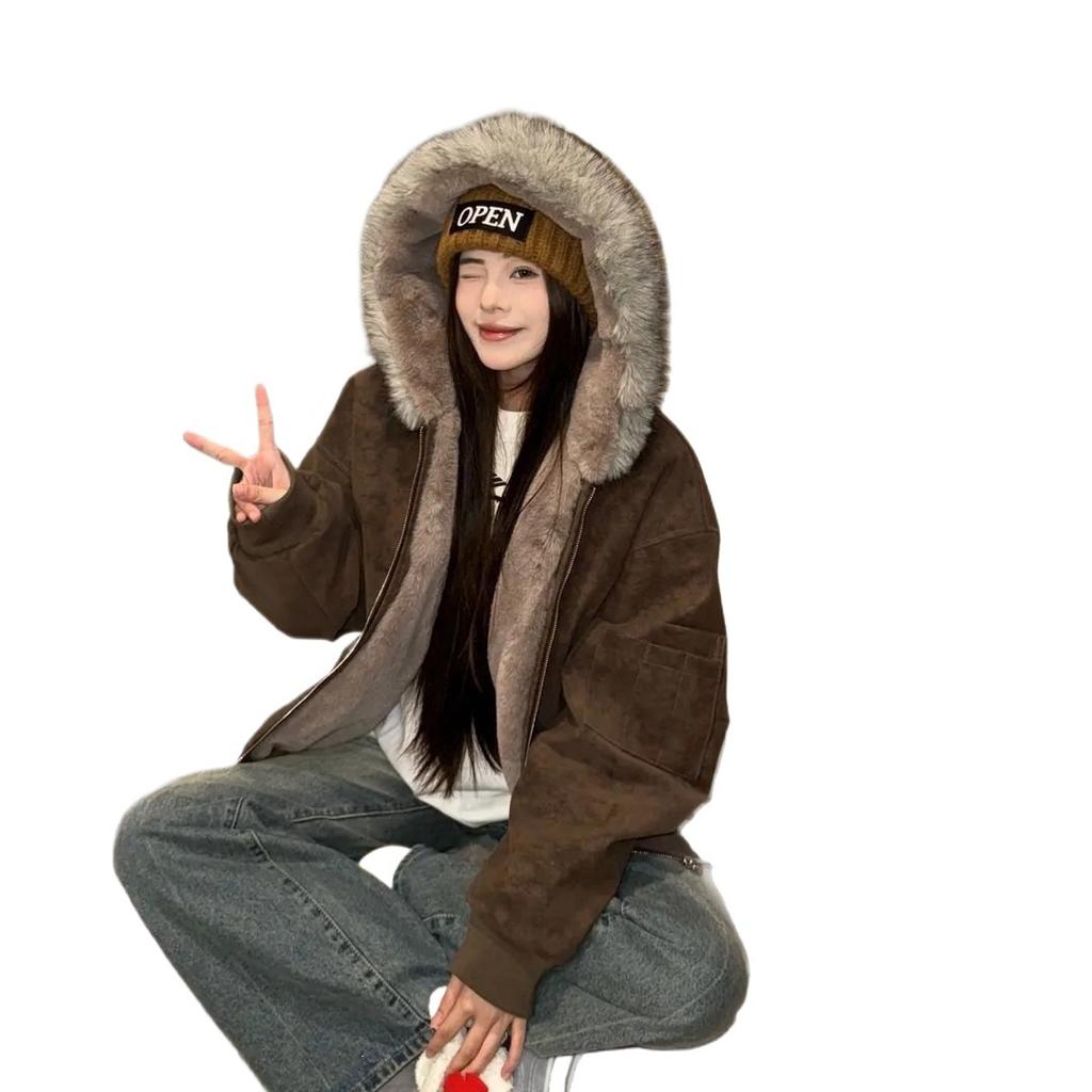 Fleece thickened cotton jacket men's and women's winter warm hooded jacket cleanfit short large fur collar cotton-padded coat