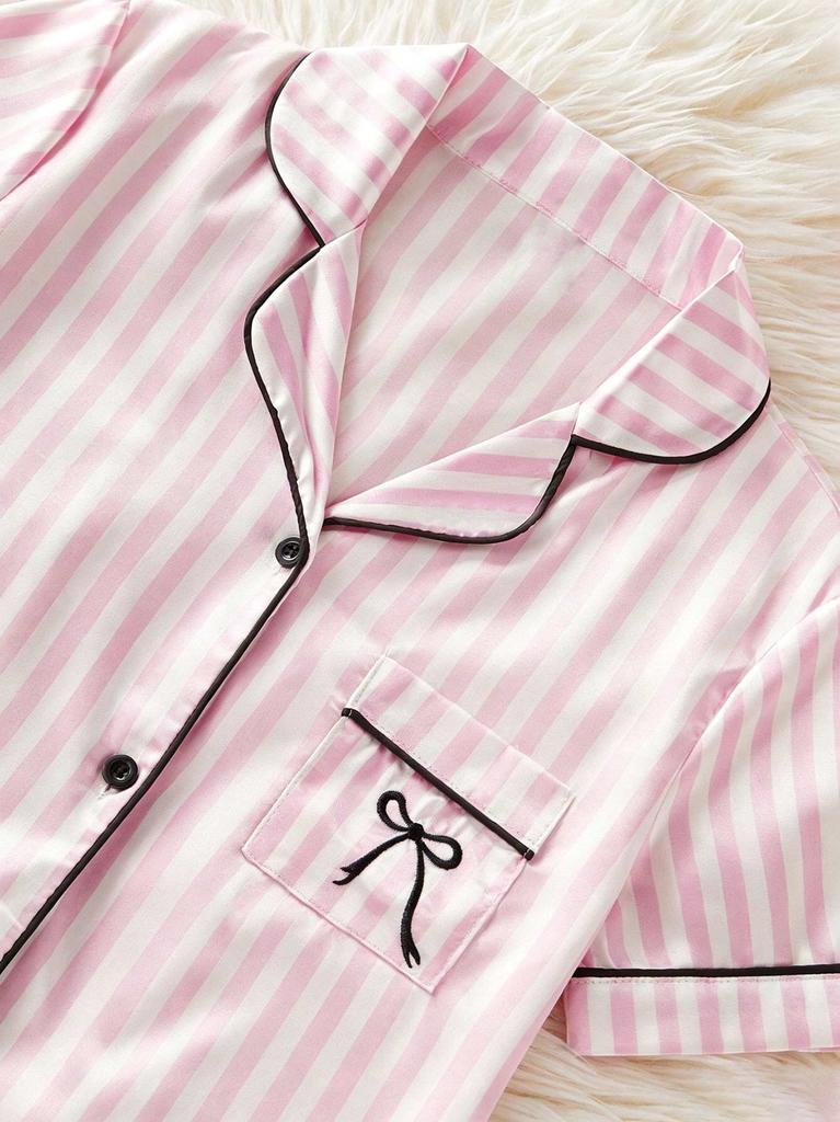 Girls Pink Striped Pajama Set, Short Sleeve Button-Down Sleepwear with Bow, Soft Loungewear for Kids 8-13 Years