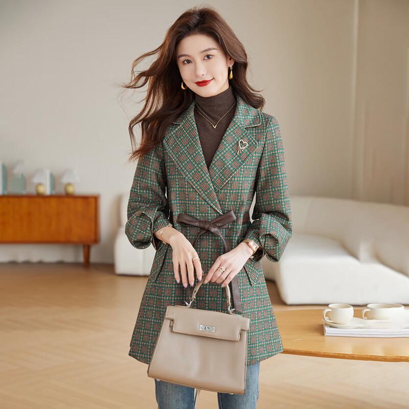 Kebell Women's Houndstooth Mid-Length Trench Coat