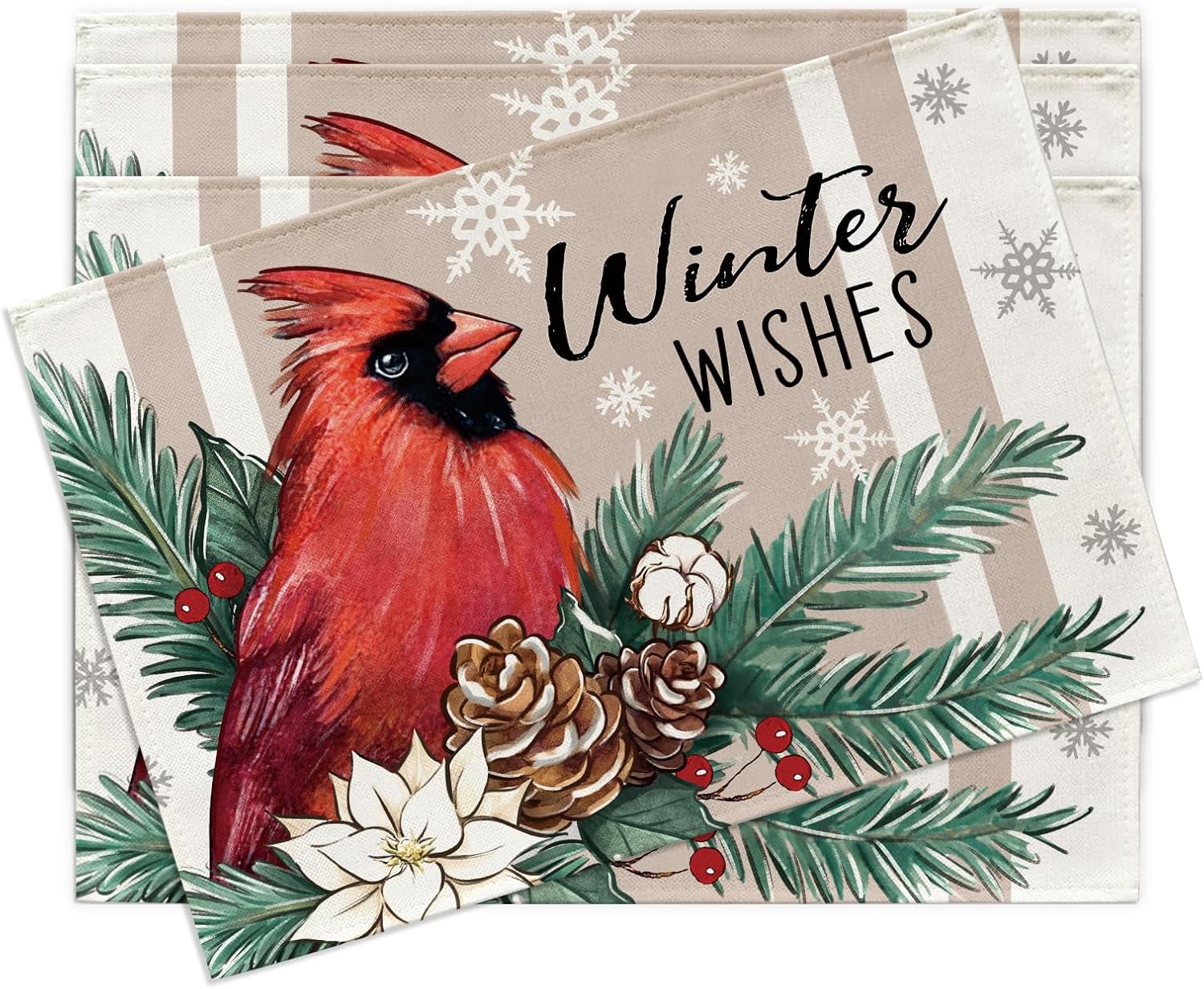 

Winter Wishes Cardinal Placemats Set of 4, Red Birds Poinsettia Pine Cones Needle Snowflake Dining Place Mats Table Decor 4Pcs