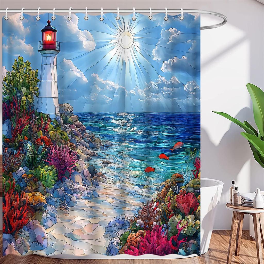 Nautical Lighthouse Shower Curtain Beach Coastal Sunset Sail Boat Retro Scenery Bathroom Decor Bath Curtain With Hooks