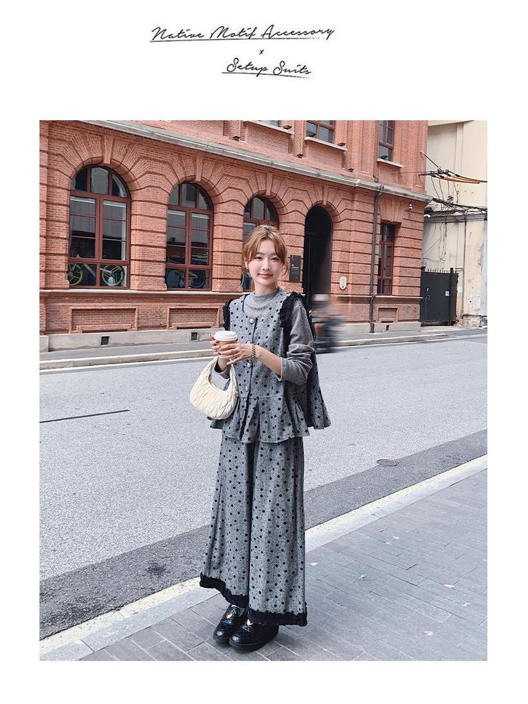 Damesett i koreansk stil med grå polkadotter, tredelt vestdrakt - Elegant høst/vinter moden stil