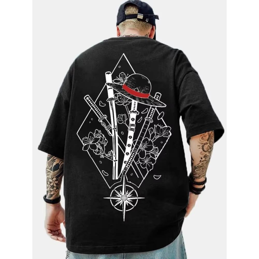 

Straw Hat One Piece T-Shirt Men Summer Swords Sakura Compass Graphic Short Sleeve Oversized Streetwear Loose Fit Anime Fan Tee S разноцветный
