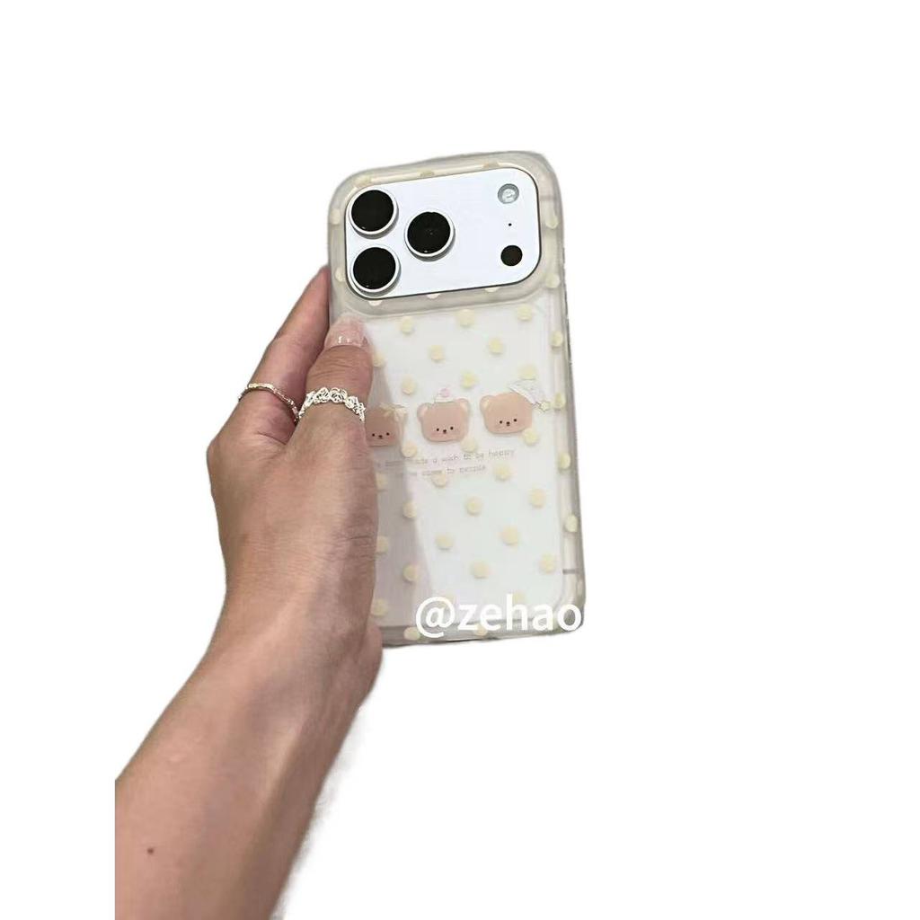 Frosted Transparent Yellow Polka Dot Bow Hat, Bear, Suitable for Apple 17Pro Mobile Phone Case and Iphone16 Protective Case.