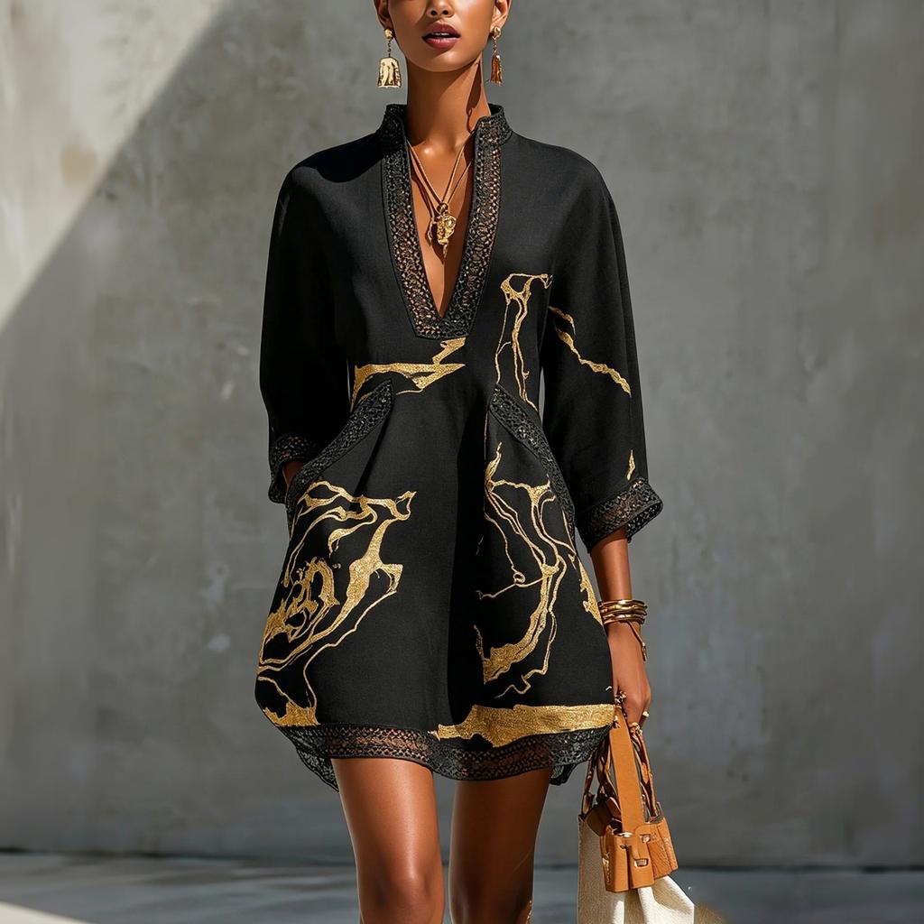 Women's Printed V-Neck Lace Trim Three-Quarter Sleeve Cotton Linen Loose Fit Short Dress with Belt for Summer Vacation