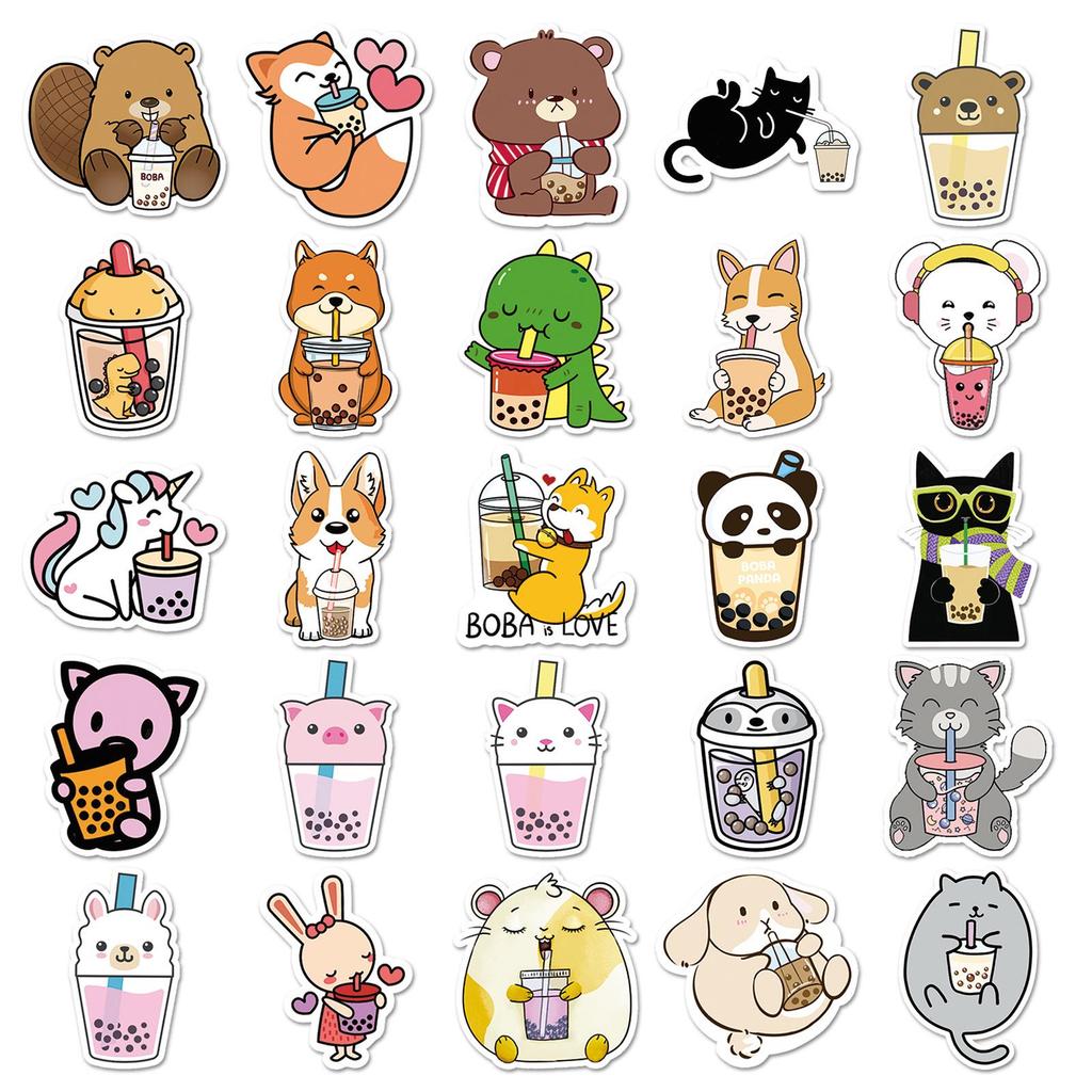 50 Cute Cartoon Animal Food Stickers for Diary, Laptop, Luggage - Waterproof