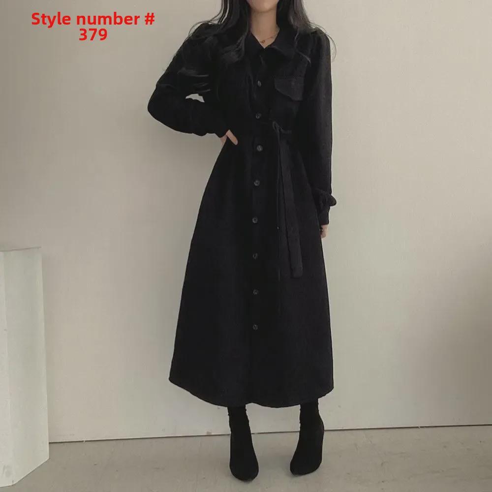 Korean Chic French Retro Corduroy Lapel Tie-Waist Long Dress for Women