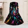 Women Plus Size V Neck Long Sleeve Rainbow Tie Dye Printed A Line Dress With Belt