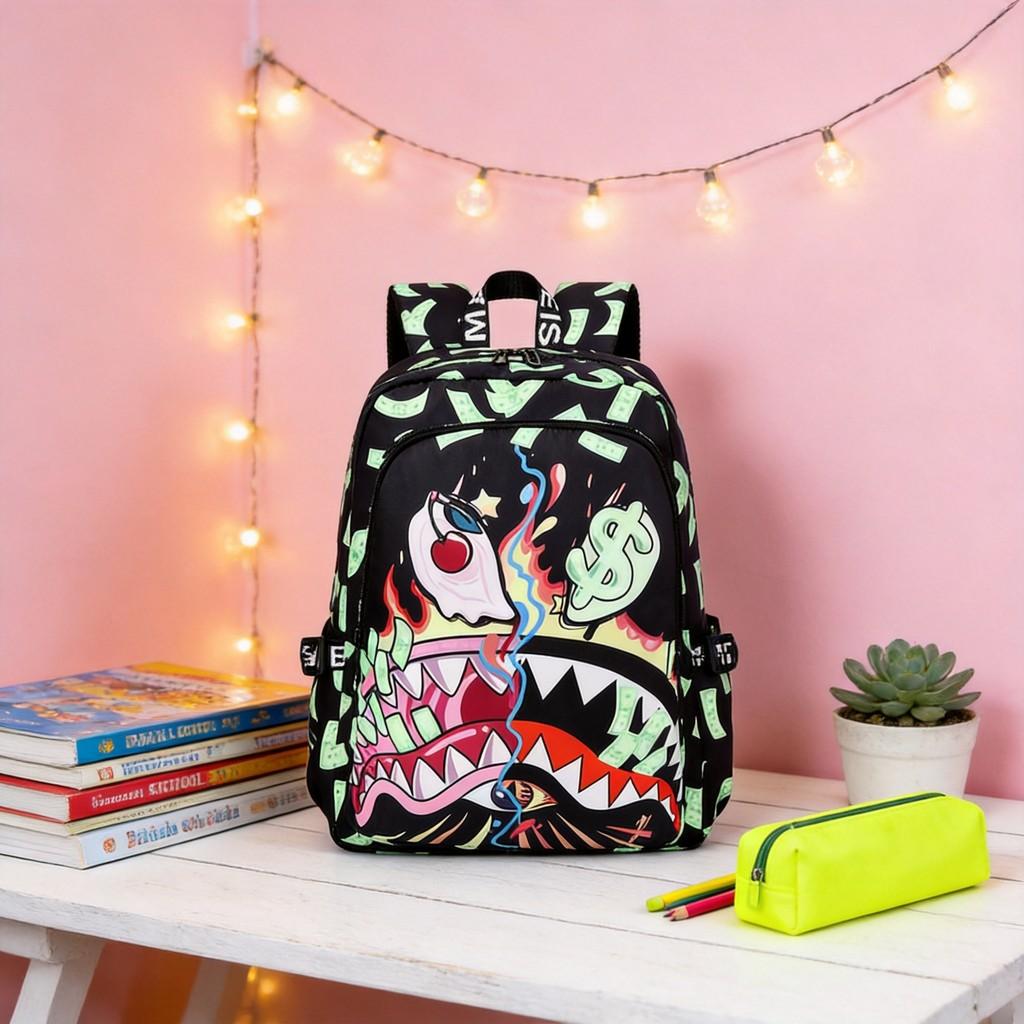Kids Waterproof Nylon Backpack With Shark Print For Elementary School Use And Daily Carry