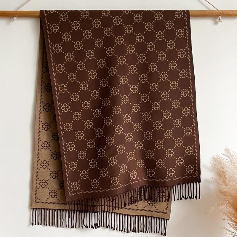 Coffee core-spun yarn acrylic scarf women's new simple jacquard strip imitation cashmere long fringed loose shawl