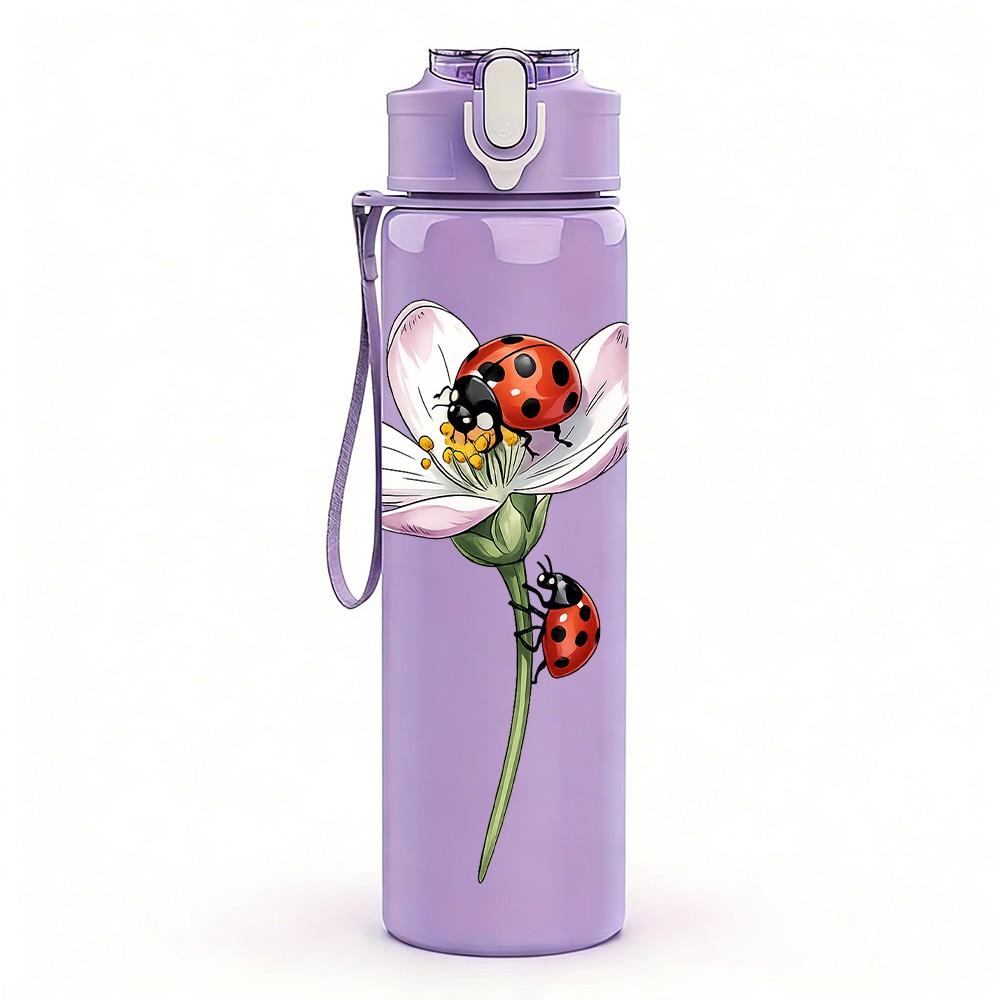 1PC Ladybug Flower Watercolor Print 750ml Color Plastic Sports Water Bottle Leakproof Flip Straw Lid Suitable for Sports Office Home Use