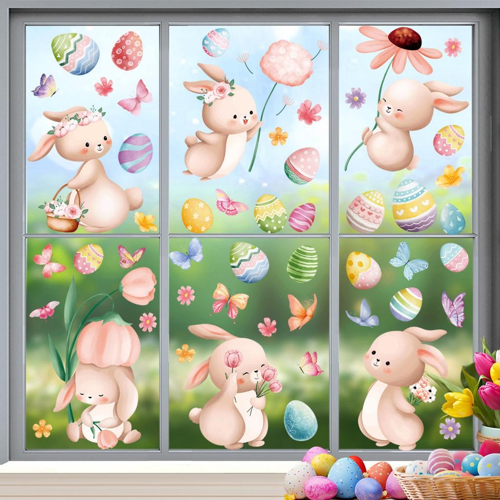 6 listů velikonoční zajíček samolepky na okno kreslená vajíčka roztomilá dekorace pro domácnost učebnu školku obchod skleněné výlohy dekorace
