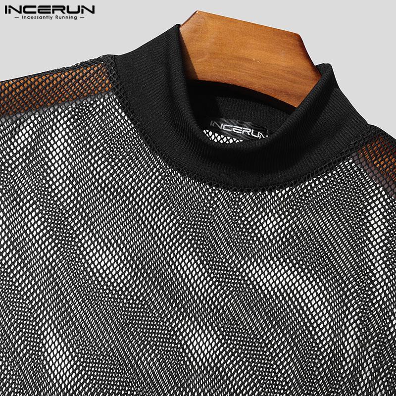INCERUN Men Summer Mockneck Short Sleeve Mesh Sheer See Through T-shirts Tee