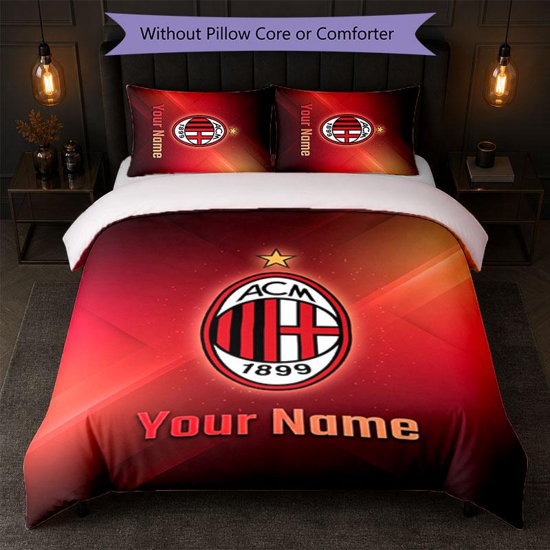 AC Milan Custom Name Text Bedding Set 1 Duvet Cover+2 Pillowcases Soccer Logo Personalized Gift For Special Occasion Bedroom Decor
