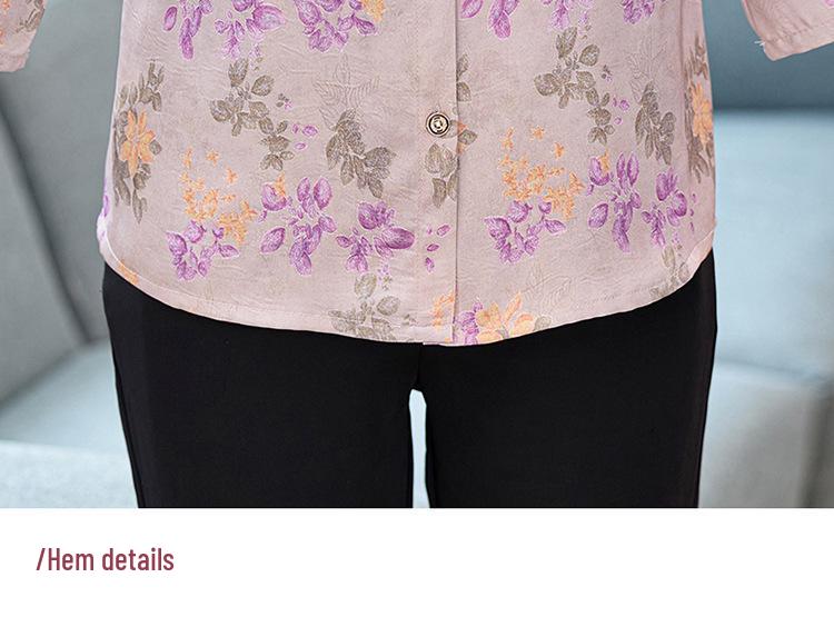 Mom's Elegant Seven-Sleeve Silk Floral Shirt for Women - Middle-Aged & Elderly