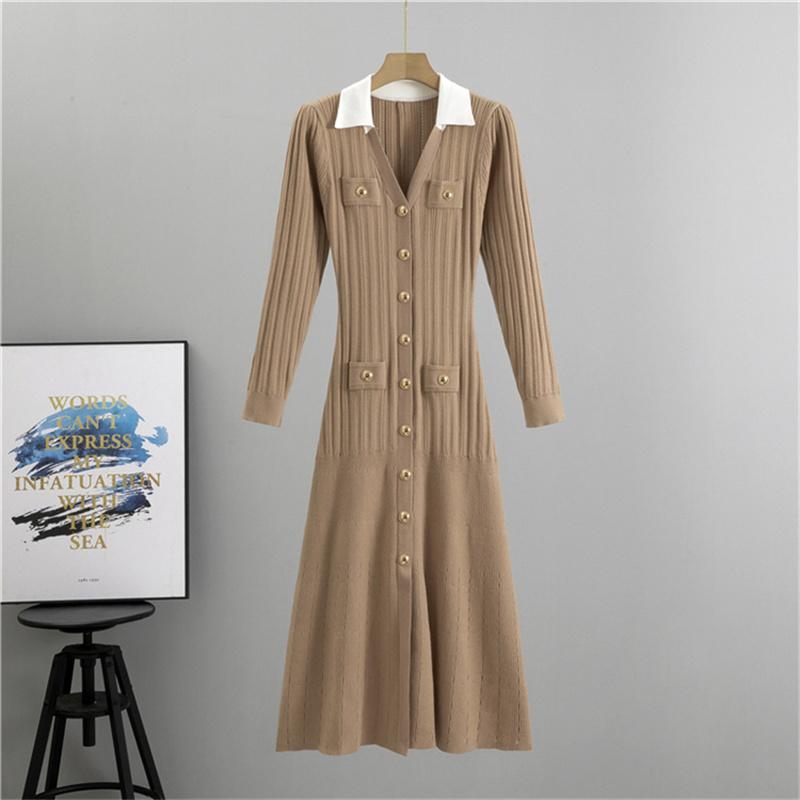 Autumn gentle style V-neck knitted dress with core spun yarn Slimming A-line mid length skirt