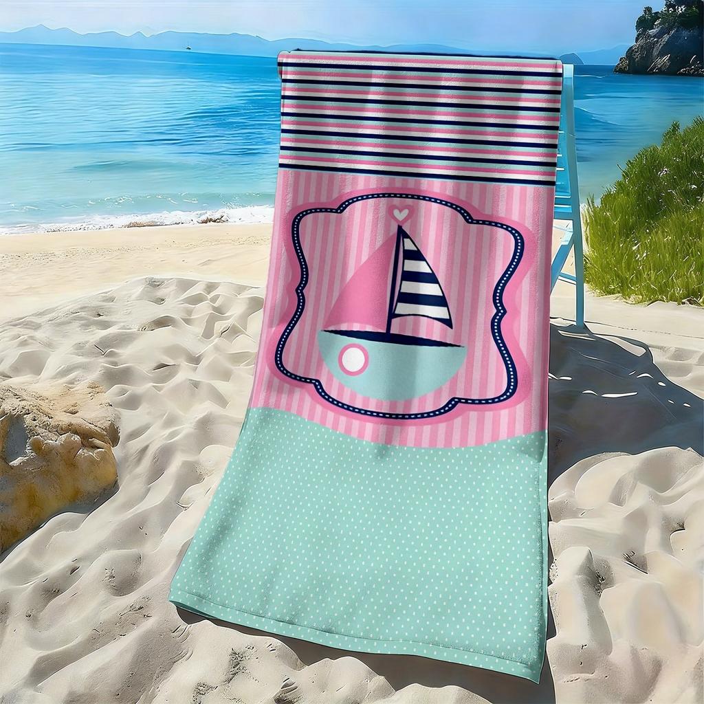 Sailboat with blue stripes pattern polyester microfiber beach towel is highly absorbent, suitable for swimming and beach outings