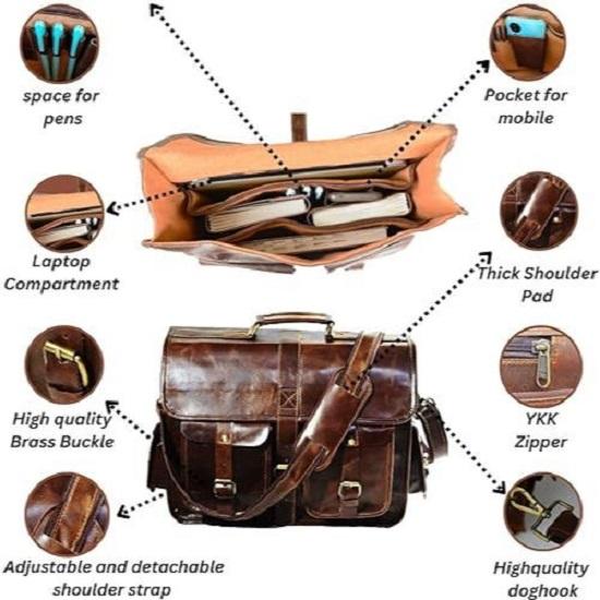 16 inch Leather Messenger Bag Brown Vintage Satchel Genuine Laptop Computer Office Shoulder Handmade Briefcase for Men
