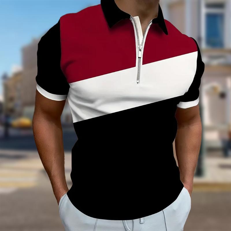 

Мужская рубашка поло повседневная на молнии с коротким рукавом модная повседневная на молнии лето весна стандартный крой цветные блоки сращивание 3D принт рубашка 3XL чёрный