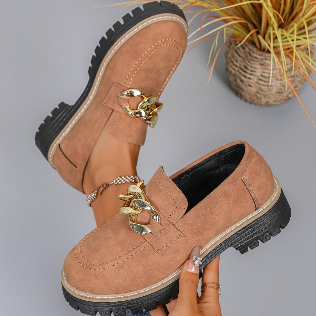 2025 Spring and Autumn New Foreign Trade Large Size Round Head Thick Sole Thick Heel Casual Metal Chain One-pedal Loafers