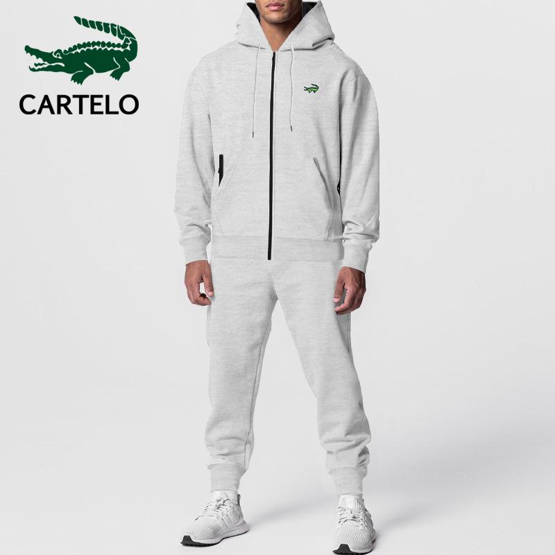 

CARTELO осенне-зимний мужской плюшевый и толстый кардиган на молнии с двойным карманом и вышивкой, повседневный комплект с капюшоном и брюками