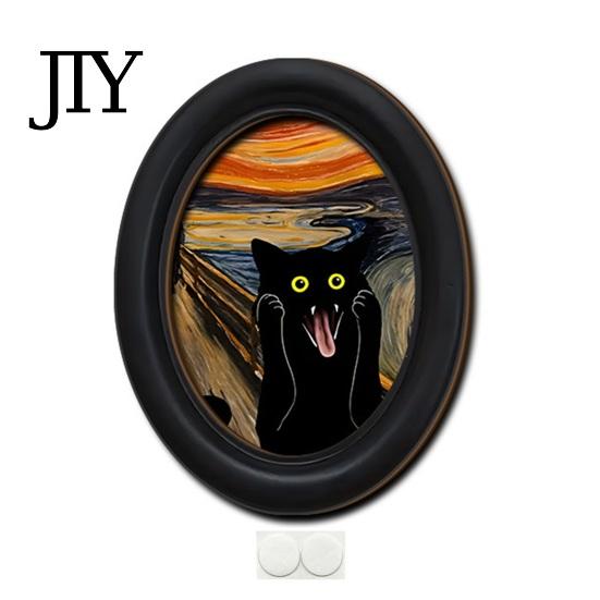 Modern Wood Wall Decoration Abstract Art Cat Decor, Oval 2D Framed Funny Painting Contemporary Birch Print, Vintage Ornament for Living Room