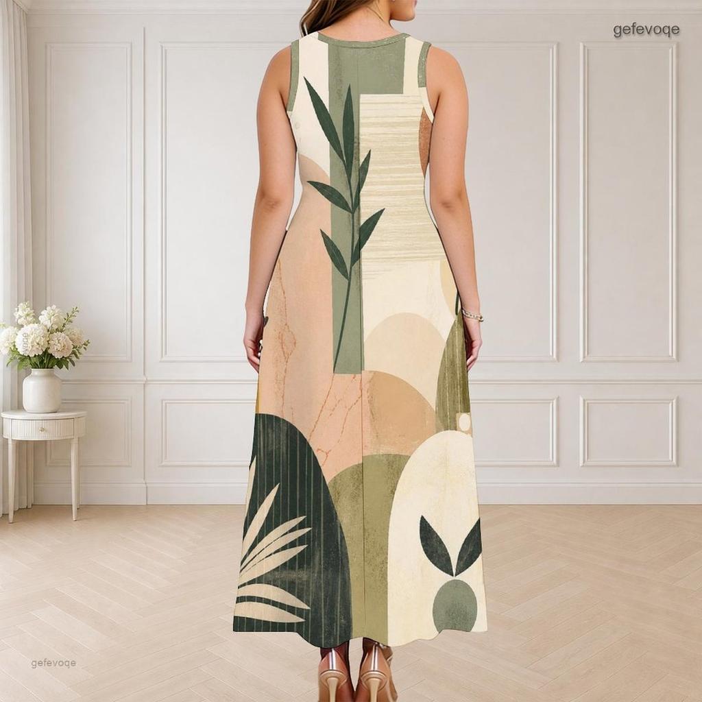 Women Plus Size Round Neck Triple Keyhole Cutout Sleeveless Abstract Printed Long Dress