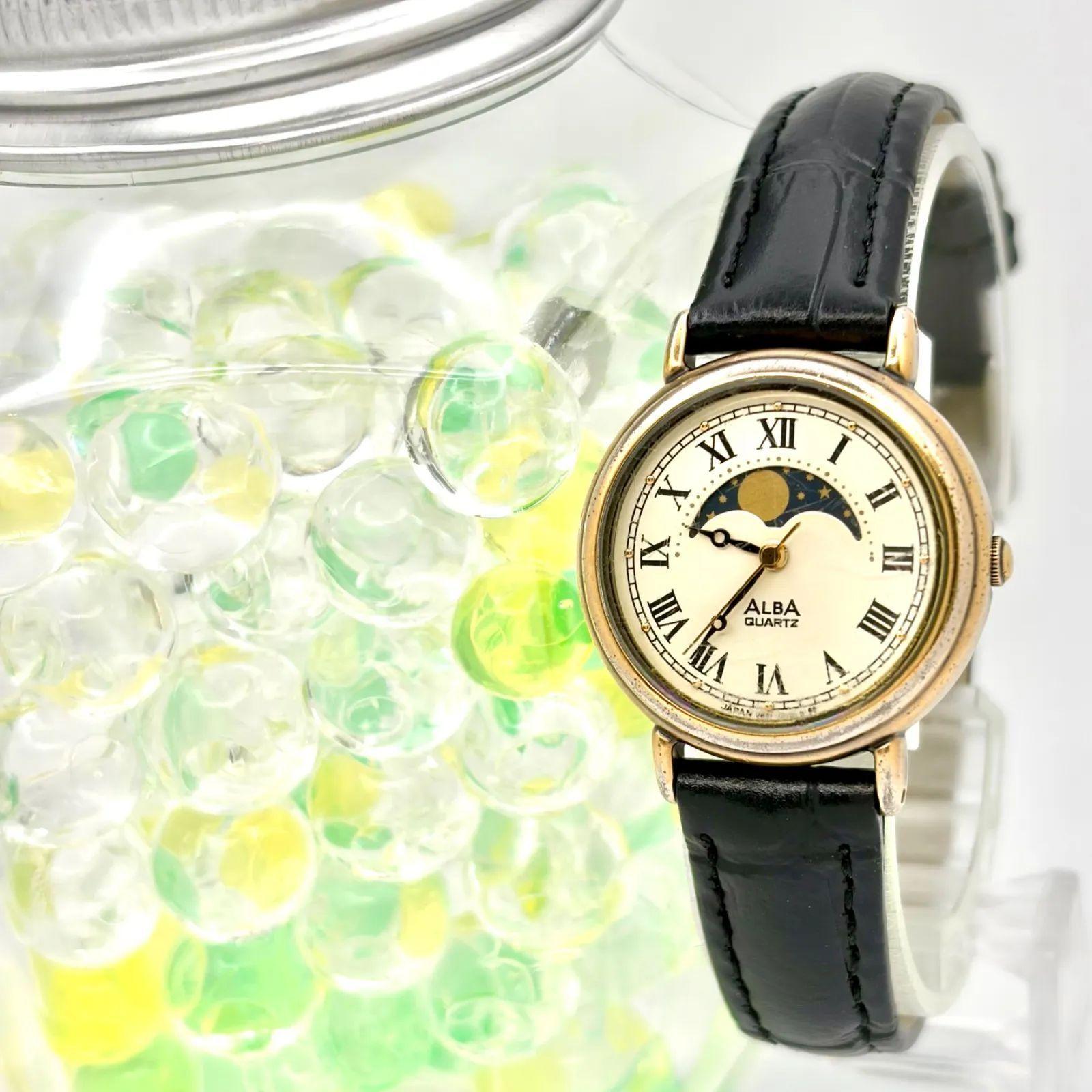 Used [New Battery] SEIKO ALBA Ladies Watch Moon Phase Roman Gold V891-0030 921637 New Belt