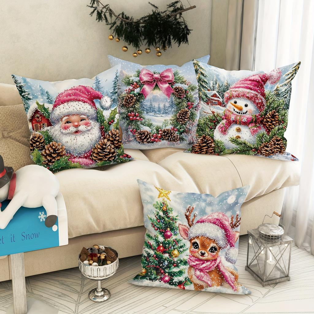 Cute Santa Claus Snowman Garland Pillowcase Christmas and New Year Gift Suitable for Home Room Living Room Sofa Cushion Cover