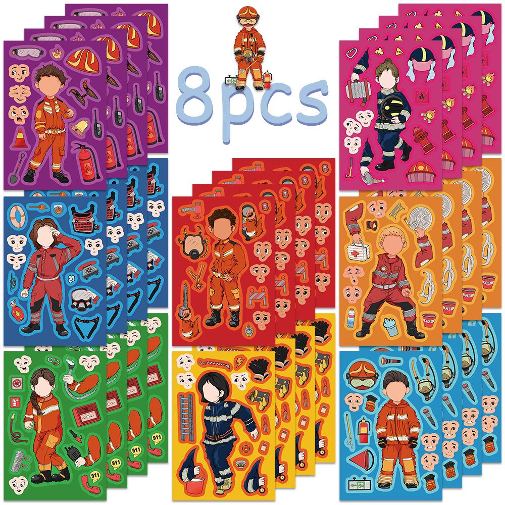 8 Sheets Cartoon Firefighter Face Swap Stickers for Laptops, Motorcycles, and Helmets