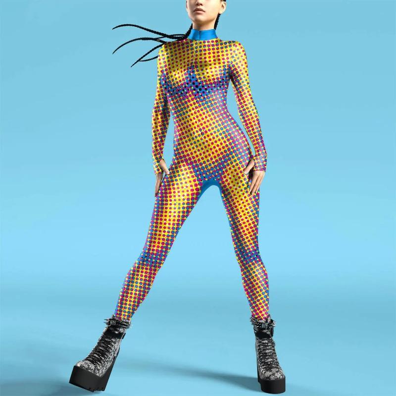 Women Jumpsuit clothing Colorful Texture 3D Print Bodysuit Thumb Sleeves Cosplay Costume Front Zipper Zentai Fitness Outfit