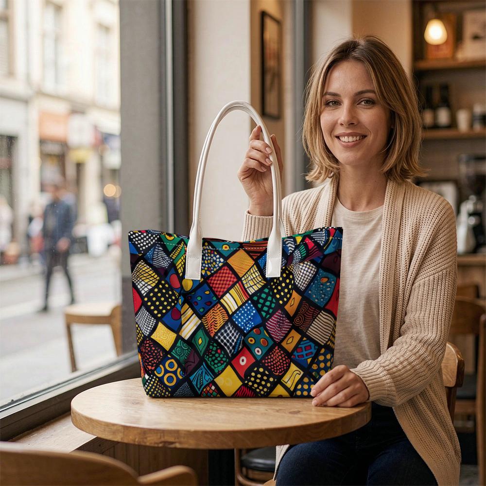 Trendy Geometric Pattern Tote Bag Casual Portable Large Capacity Daily Use Shopping Shoulder Handbag for Women
