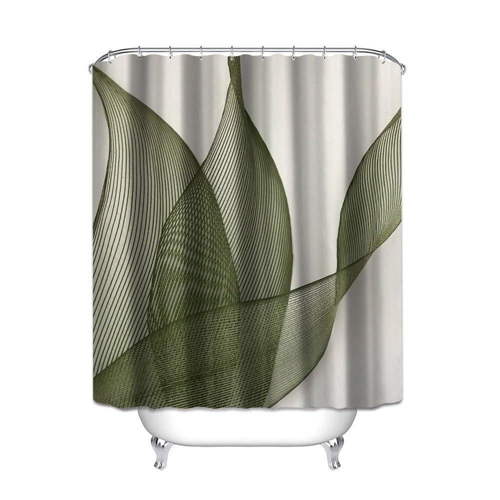 of Green Leaf Patterned Digital Printed Polyester Shower Curtain, Waterproof, No Drilling Required, Bathroom Partition Curtain