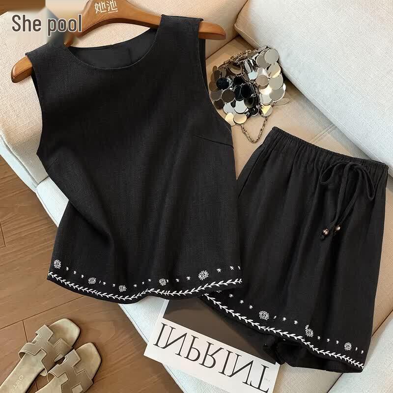 Women s Ramie Embroidered Vest & Shorts Set S