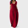Fashion Women Casual Plus Size Solid V-Neck Pockets Short Sleeve Long Dress